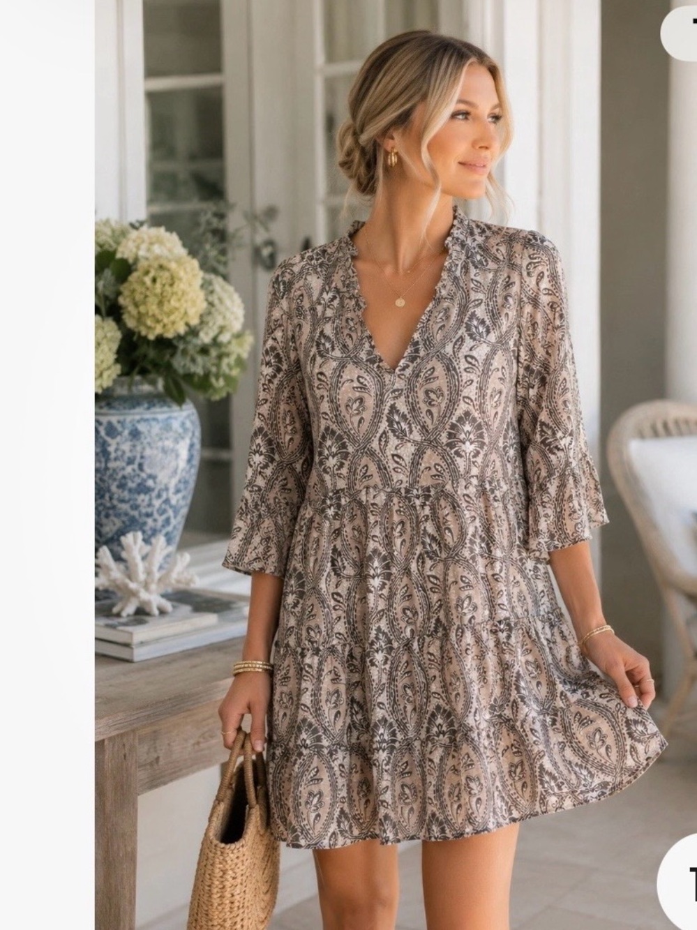 Spartina 449 Paisley Tiered Dress S Beige Gray Boho Peasant Cottagecore Romantic